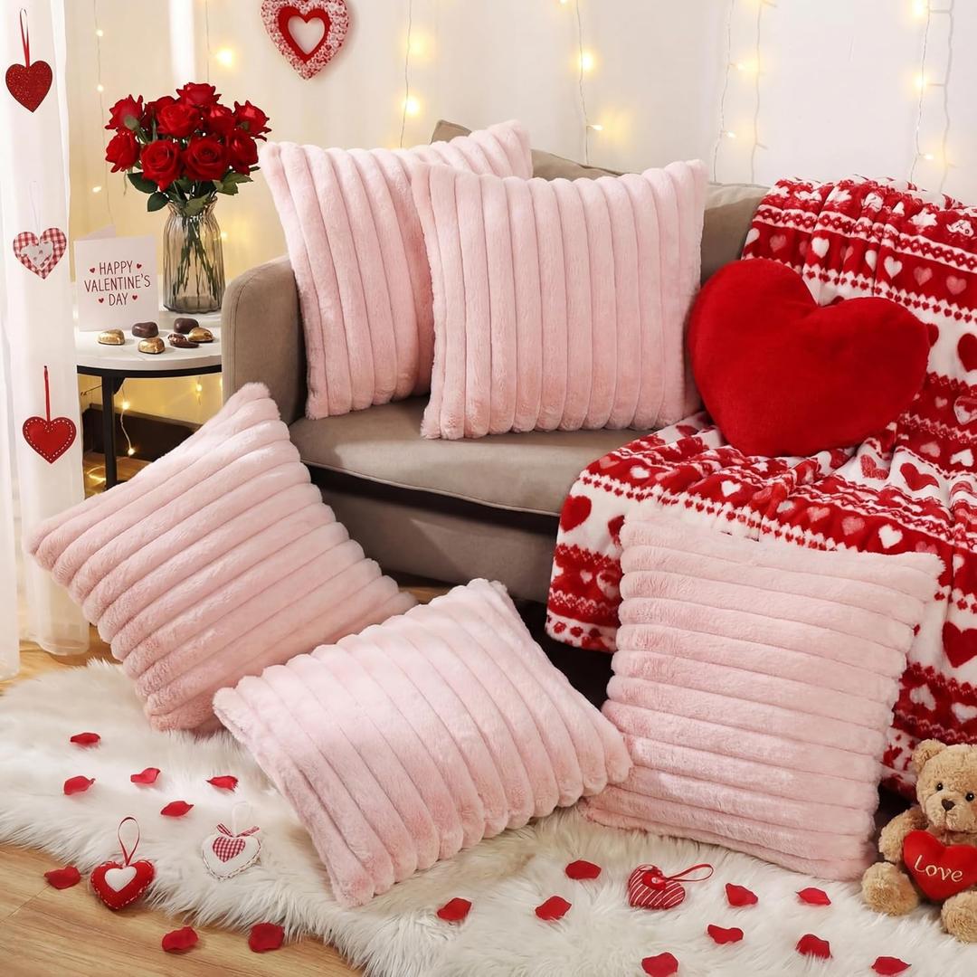 VitalCozy Throw Pillow Covers Set of 6 18x18 Decorative Neutral Couch Throw Pillow Covers Faux Fur Pillowcase Soft Velvet Farmhouse Boho Striped Decor for Bed, Sofa(Pink)