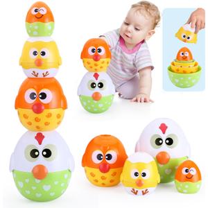 MOONTOY Chicken Toddler Easter Eggs Toys, Nesting Dolls Stacking Toys for Toddlers 1-3 Matching Shape Sorters Sensory Preschool Learning Baby Easter Basket Stuffers Gifts 6-12 12-18 Months, 1 Year Old