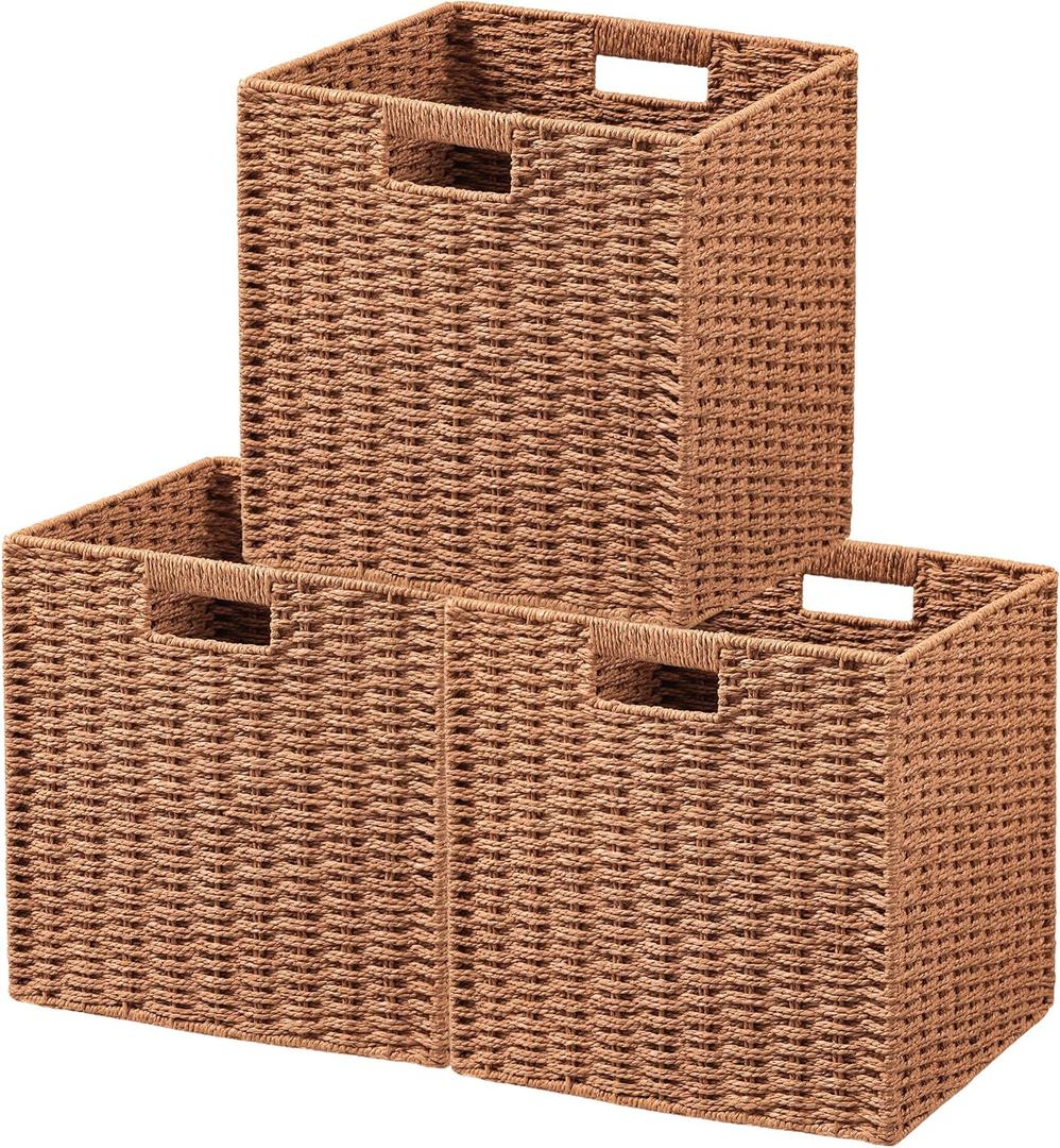 UBBCARE 3 Pack Wicker Basket, 11L11H10.5W inch Woven Paper Rope Storage Baskets for shelves, Foldable Cube Storage bin with Handle, Storage Basket for Organizing & Decor,Caramel