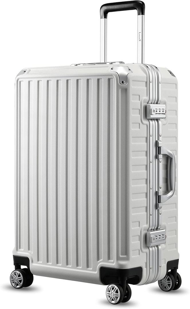 LUGGEX Zipperless Luggage with Spinner Wheels - Polycarbonate Aluminum Hard Shell Suitcase, Checked-Medium 24-Inch, White