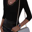 LUXVEER 3/4 Length Sleeve Womens Tops Lace Sexy V Neck Ribbed Knit Fitted T Shirts Dressy Casual Blouses Going Out Tops (Black, M)