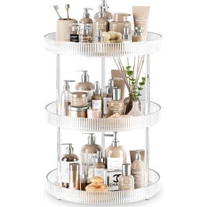3 Tier Lazy Susan Bathroom Countertop Organizer, 360° Clear Rotating Makeup Cosmetic Perfume Storage Tray, Spinning Vanity Organizer Shelf for Bathroom Cabinet, Dresser, Kitchen(Large)