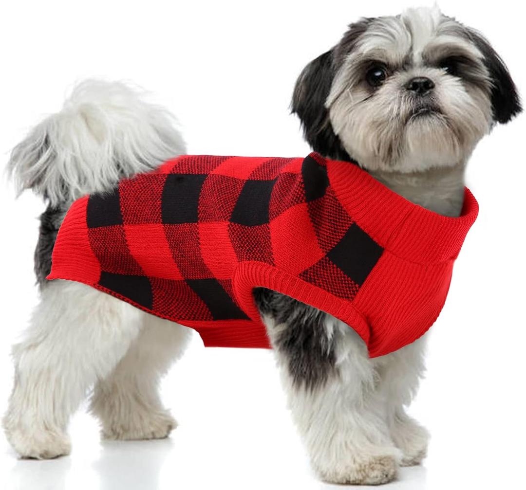 PUMYPOREITY Classic Plaid Dog Sweater with Leash Hole, Warm Stretchy Knitwear for Small Medium Dog, Soft Jacquard Knit Pullover with Elastic High Collar for Spring Fall Winter Christmas Cold Weather (Large, Red/Black)