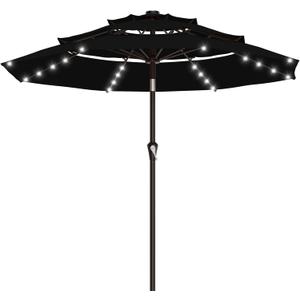 9ft 3 Tiers Patio Umbrella with Solar Lights, Outdoor Umbrella w/ 32 LED Lights&8 Sturdy Ribs, Table Umbrella for Deck, Backyard, Pool (Black)