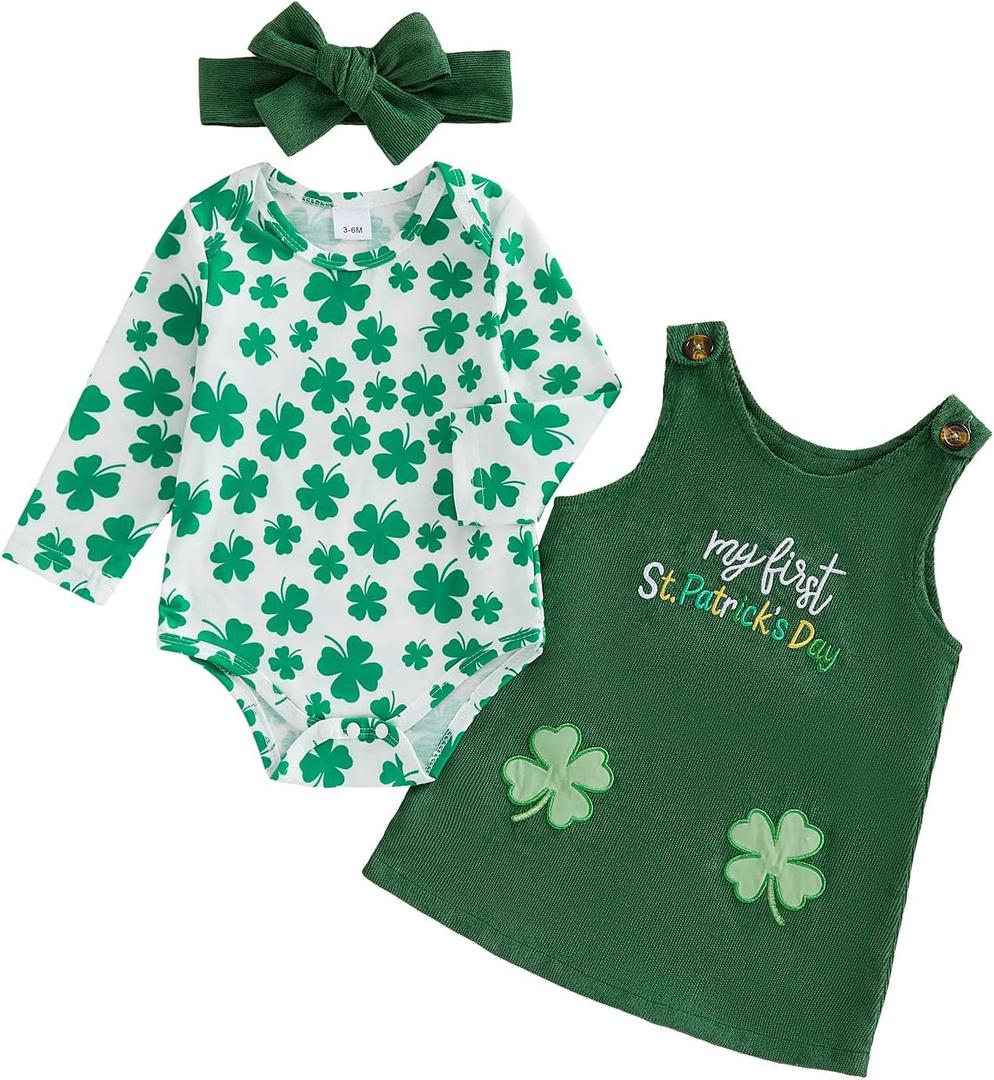 Ayalinggo Valentines Baby Girl Outfit Long Sleeve Romper Onesie Love Heart Overalls Shorts 2Pcs Valentines Day Clothes (3-6 Months, Green St Patricks)