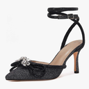 VETASTE Women's Double Bow Pointed Toe Ankle Strap Crystal Pumps Wedding Bridal Party Stilettos Backless Satin Heeled Sandals Black 7,5