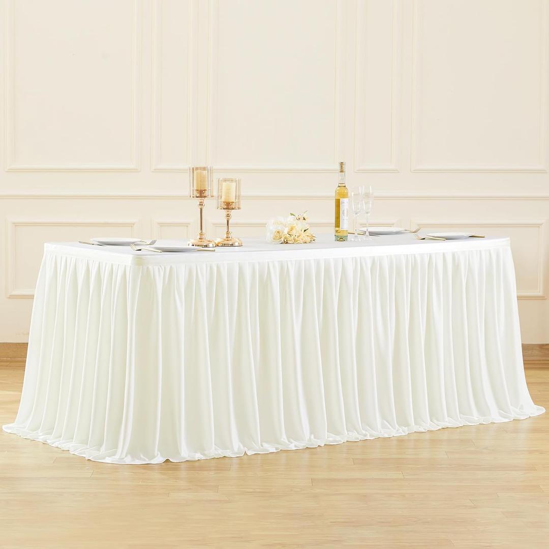 Partisky Light Ivory Pleated Ruffle Table Cloth for Wedding Baby Shower Display Table,Wrinkle Resistant Polyester Table Skirt for Rectangle Tables 6ft