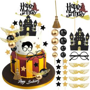 26 PCS Wizard Birthday Cake Topper Decorations, Wizard Party Supplies, Glitter Themed Cupcake Decorations