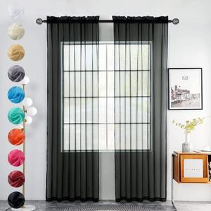 youleyar Solid Sheer Rod Pocket Curtain Voile Draperies 2 Panels White Beige Black Grey Coffee 60 Inch Width 96 Inch Long 1 Pair for Kitchen Bedroom Children Living Room Yard(Black,60W96L)