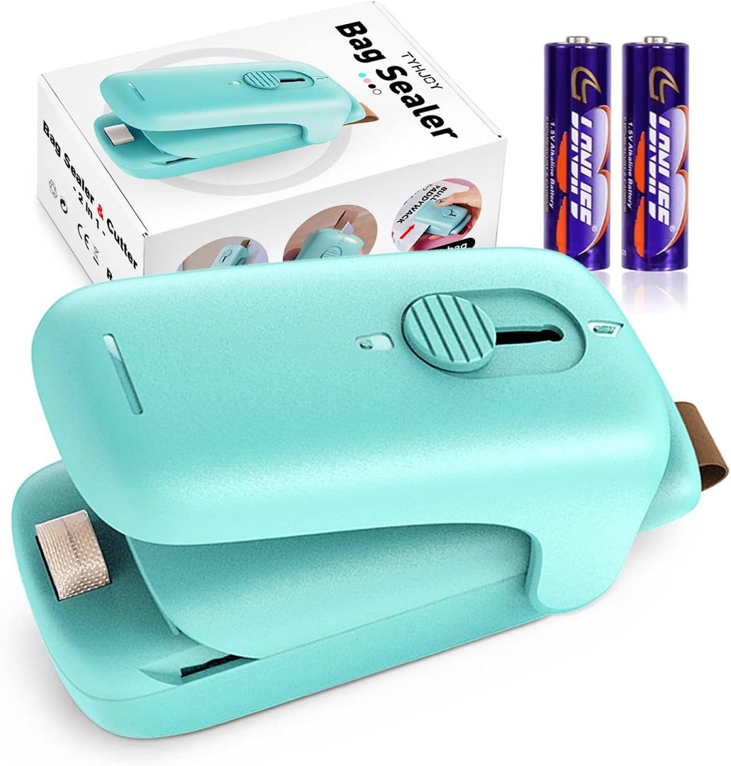 Mini Bag Sealer, Handheld Vacuum Heat Sealer and Cutter, Portable Chip Bag Resealer Sealing Machine for Snack Plastic Fresh Bags Cookies Green - Battery Not Included (Green)