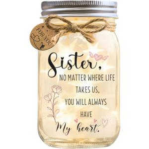 Christmas Gift for Sister  Mason Jar Night Light, LED Glass Jar with Rustic Twine & "For You" Tag, Sentimental Keepsake Lamp, Sister Gifts from Sister or Brother, Cute Home Dcor, Birthday. (Stellar)