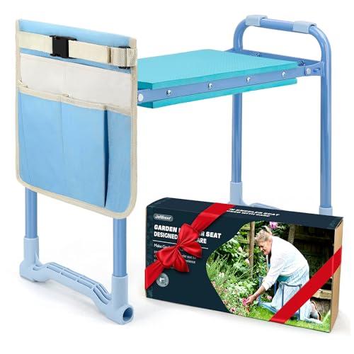 Jardineer Folding Garden Kneeler and Seat, 10 Inch Wider Kneeling Bench Stool, Portable Gardening Workseats with Tool Bag and Padded Cushion, Garden Gift for Women Seniors(Blue)