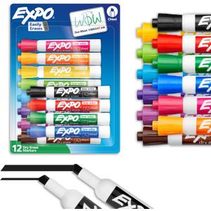 EXPO Dry Erase Markers, Low Odor Ink, Assorted Colors, Chisel Tip, 12 Count - Easily Erases, Vibrant Ink, Ideal for Classroom, Back to School Supplies, Teachers, Office, Whiteboard & Home