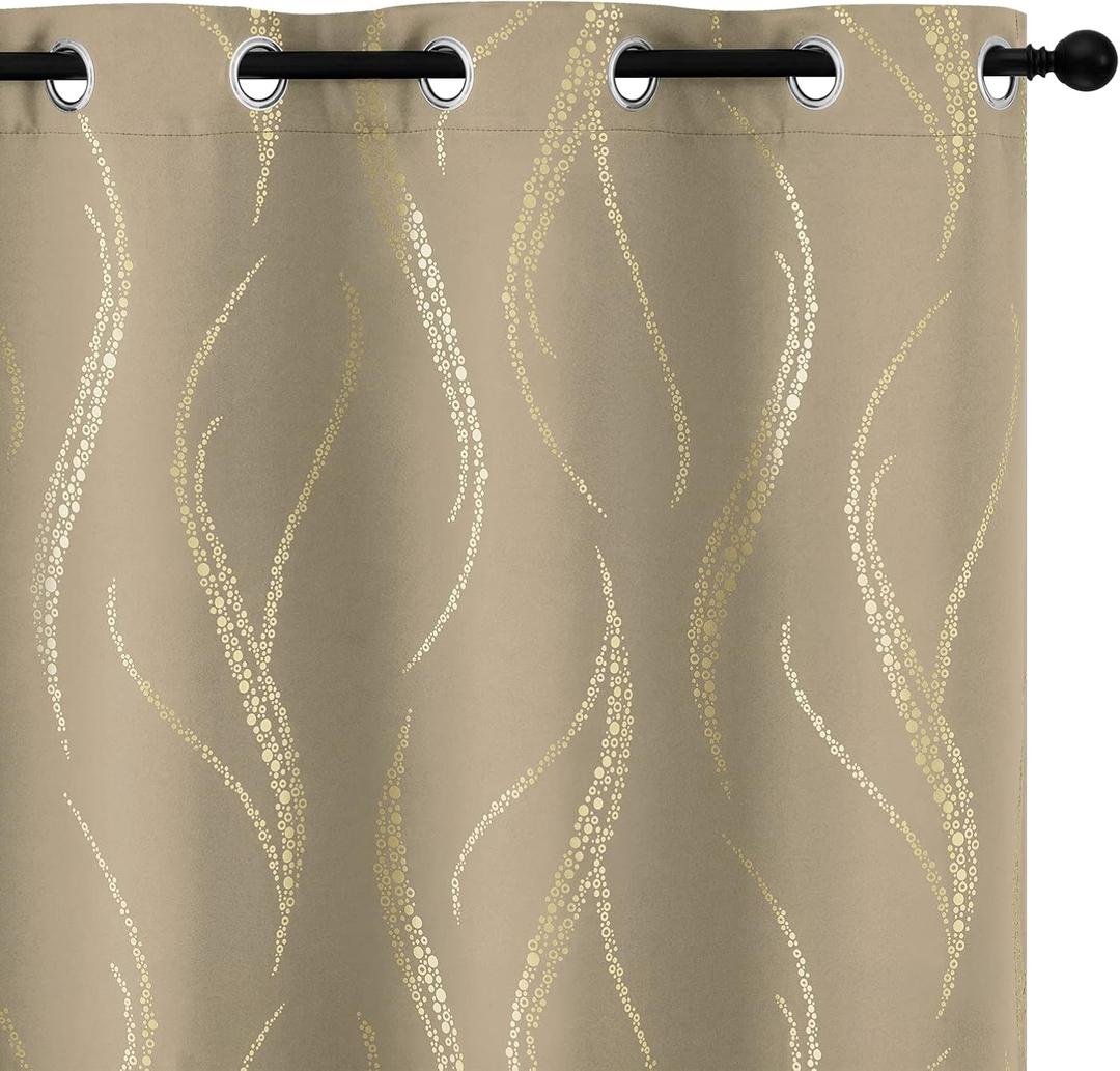 Yakamok Room Darkening Curtains 84 Inches Long 2 Panels for Living Room Thermal Insulated Blackout Drapes with Dots Gold for Bedroom, Grommet Top (52W x 84L Inch, Set of 2, Natural)