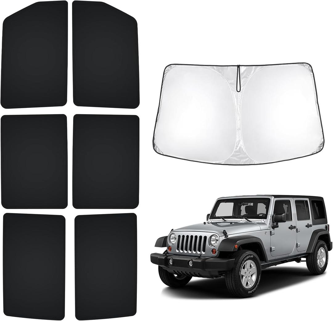 T TGBROS Windshield Sun Shade for Jeep Wrangler JK 2007-2018 Car Window Shades Thicken UV Block and Blackout Privacy Foldable Sunshades 7PCS Accessories Keep Cool Sun Visor Covers