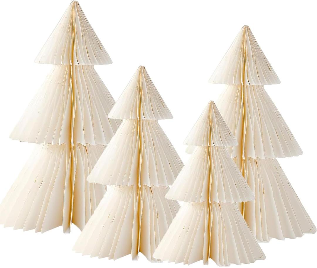 4pcs White Christmas Honeycomb Paper Trees 3D Xmas Trees Table Centerpiece Winter Ornaments for Home Mantel Decor Holiday Party Home Decoration (White)