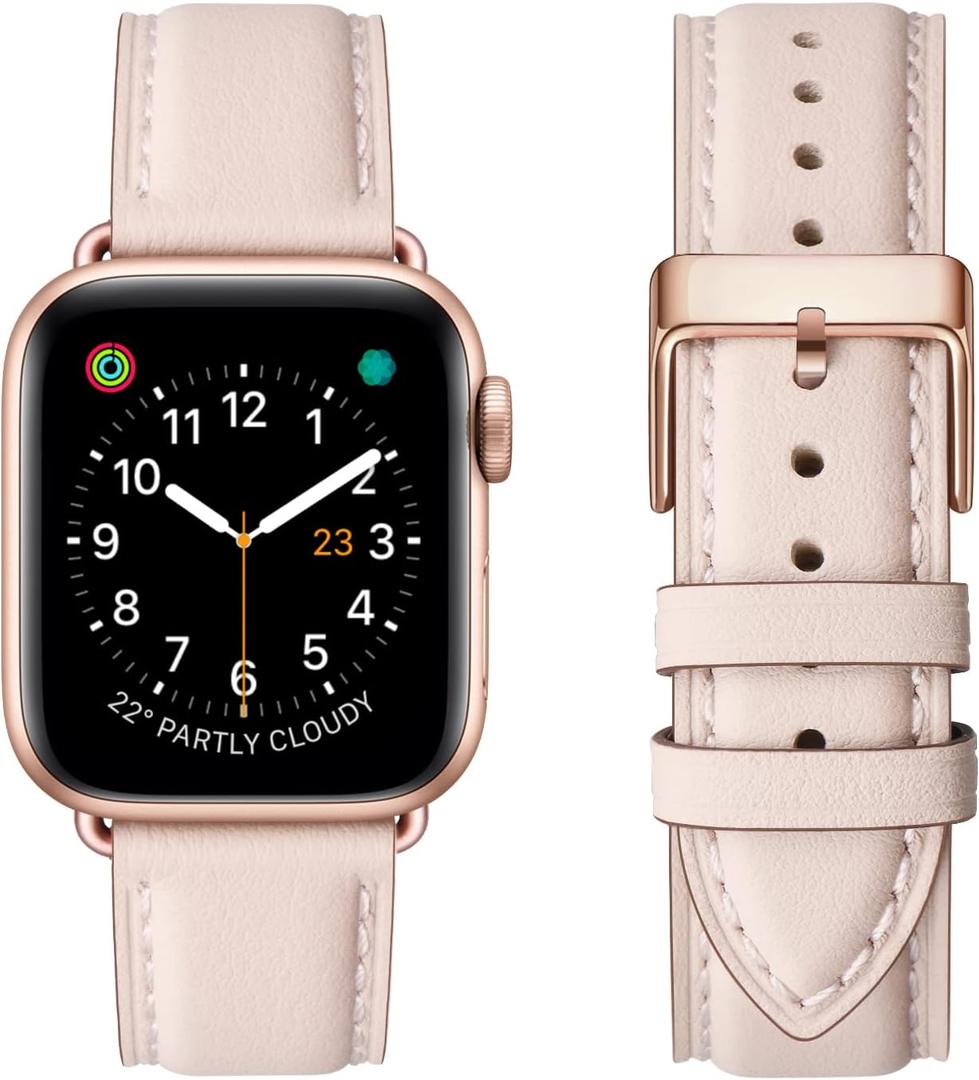 Square Bands Compatible for Apple Watch 38mm 40mm 42mm 44mm, Genuine Leather Replacement Band Compatible with Apple Watch Series 6/5/4/3/2/1, iWatch SE (Pink Sand/Rose Gold Connector, 38mm 40mm)