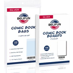 100ct Silver-Age Comic-Book-Bags and Boards - Reusable Comic Book Boards and Bags for Comic Book Storage, 1 1/2" Flap Comic Bags and Backing Boards, Clear Protector and Protection Board Cardboards