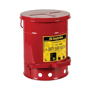 Justrite 6 Gallon Galvanized Steel Oily Waste Can, 16" x 12" Metal Oil Rag Safety Can With Foot Operated Self-Closing Lid for Oil Rag Disposal, Made in the USA, Red, 09100
