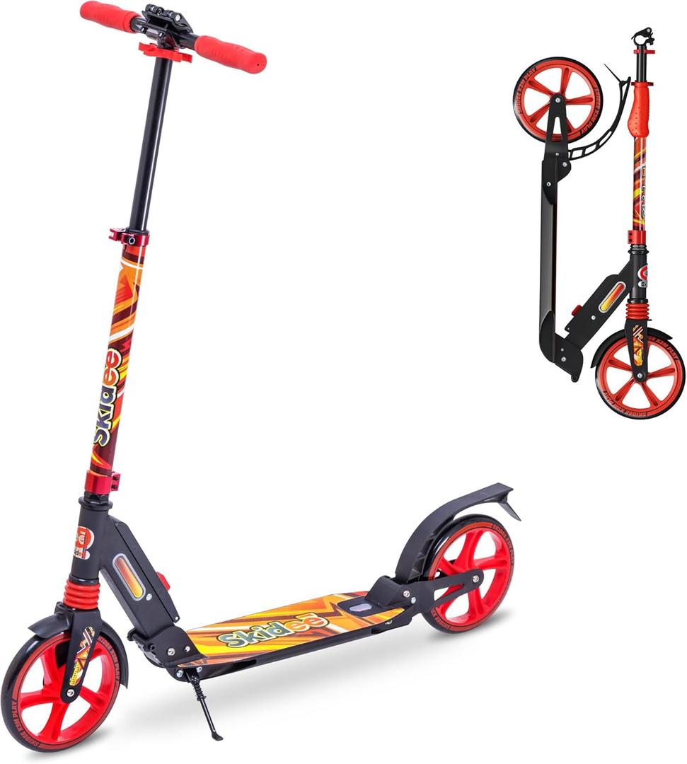 Skidee Adult & Teen Scooter Adjustable Height, Folding, Large Wheels, Lightweight, Durable, Anti-Shock Suspension, Up to 220 lbs (Starburst Orange)