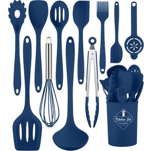 Kitchen Utensils Set-12 Pieces Silicone Cooking Utensils Set (Dishwasher Safe) 392F Heat Resistant Spatula Set,Kitchen Utensil Set for Nonstick Cookware,Best Kitchen Tools with Holder (Blue)