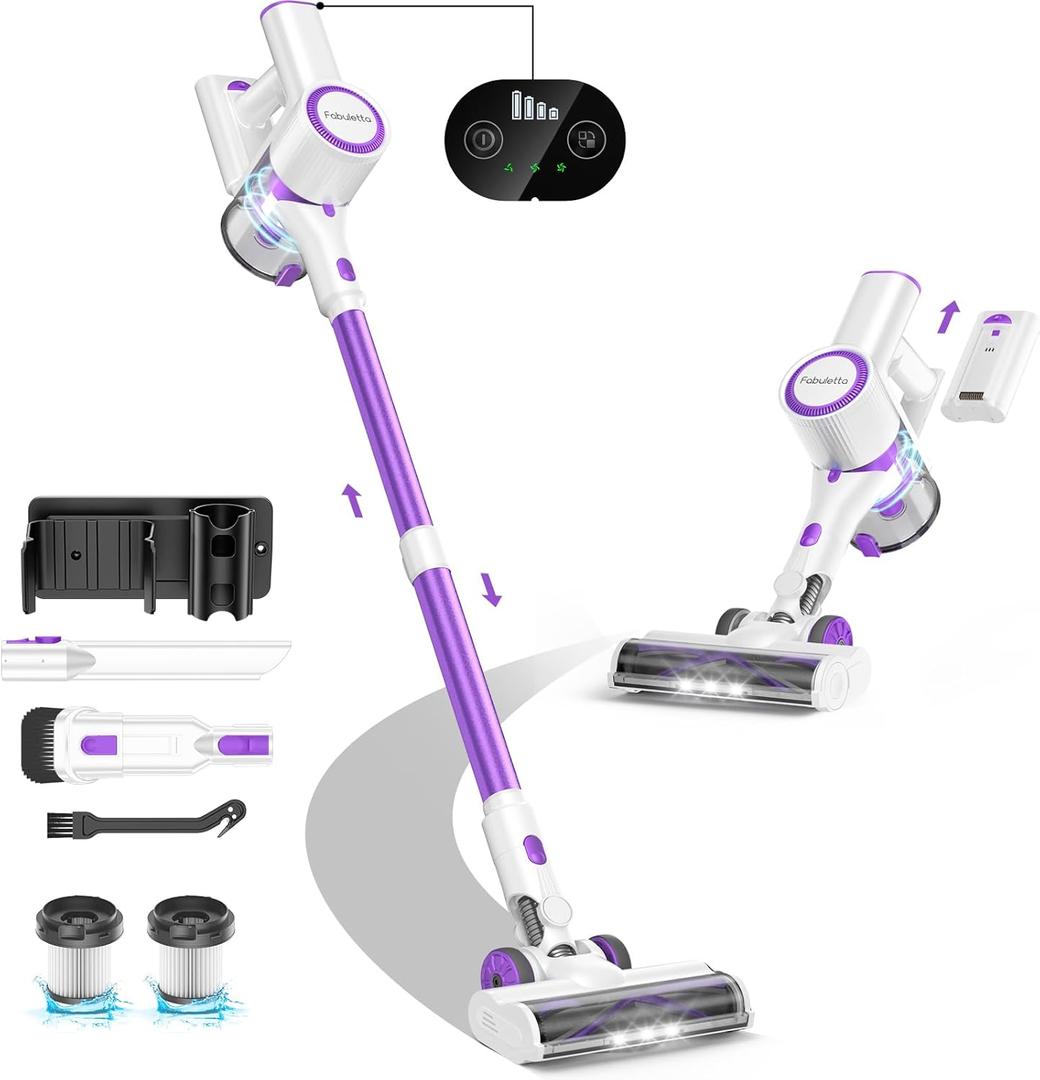 FABULETTA Cordless Vacuum Cleaner for Home, 500W Lightweight Vacuum Cleaner with MAX 50 Min Detachable Battery, Brushless Motor, 6 in 1 Stick Vacuum for Hardwood Floors and Carpet Pet Hair CarPurple