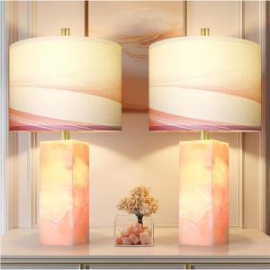 Scenekoy 23" Alabaster Table Lamp Set of 2 with Night Light for Bedroom Living Room, Rotary Switch, Pink Modern Table Lamp with Linen Shade, Nightstand Lamps for Room Bedside Office (Bulb Included)