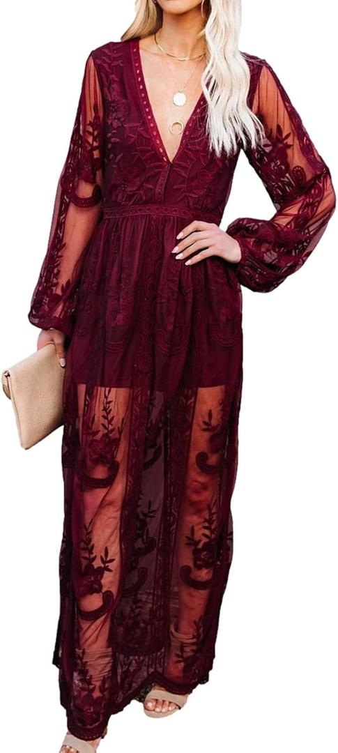 Womens Deep V Neck Short Sleeve Floral Lace Dress Long Bridesmaid Maxi Dresses (Burgundy-0), XL