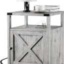 Farmhouse Nightstand with Charging Station, Grayish White End Table Bedroom with Storage Living Room Side Table Beige Night Stand Industrial Bedside Bed Table with USB Ports and Outlets, Grayish White