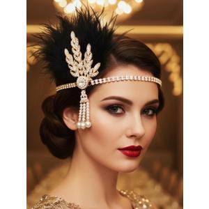 Gortin 1920's Flapper Feather Headband Art Deco Great Gatsby Headpiece Inspired Leaf Medallion Pearl Headband Bride Wedding Headdress Rhinestones Flapper Feather Hair Accessory for Women and Girls (Black Gold)