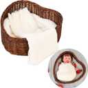 Kate Newborn Photography Props Brown Heart Shaped Rattan Basket Handcrafted Baby Doll Basket Set for Baby Photography Photoshoot with White Pillow and Mat and Stretch Wrap