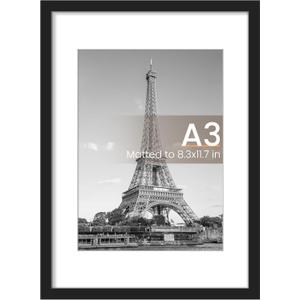 upsimples A3 Picture Frame, Display Pictures 8.3x11.7 with Mat or 11.7 x 16.5 Without, Wall Hanging Poster Frames, Black, 1 Pack