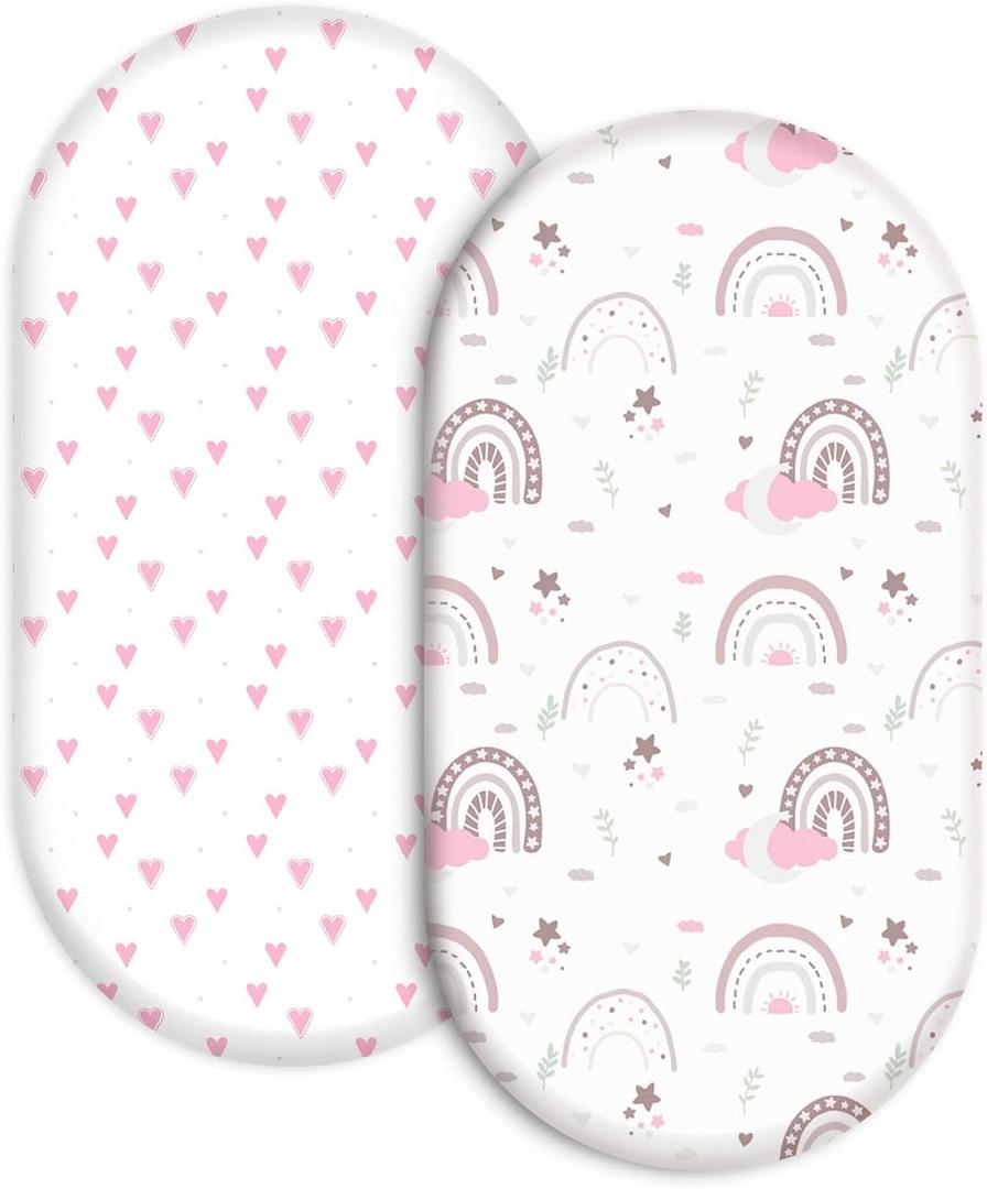 Bassinet Sheets 2-Pack for Newborn Baby Boy and Girl Gender Neutral, Soft Breathable Elastic Sheets, Universal Fit Flexible for Rectangle Round Oval Hourglass Bassinet Mattress/Pad (32*16*3 inch, Rainbow Hugs (Pink))