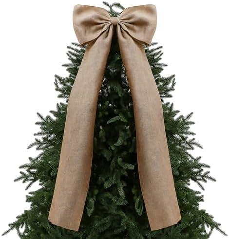 Daifunli 20 x 47 Inches Extra Large Christmas Burlap Bow Giant Christmas Tree Topper Bow Decoration with Long Streamers Ribbon Rustic Wall Decor for Home Xmas Holiday Birthday Wedding Party Decor