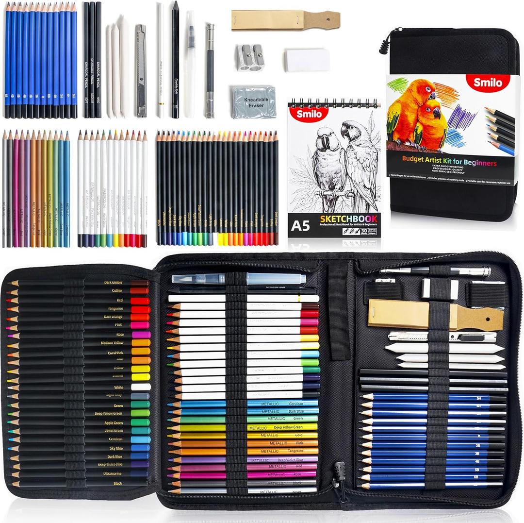 Smilo 76-Piece Drawing Kit: 24 Colored, 12 Watercolor, 12 Metallic & 12 Graphite Pencils - Pro Art Supplies with Sketchbook, Charcoal, Water Brush Pen for Adults, Teens, Beginners