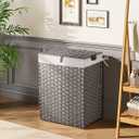 Greenstell Laundry Hamper with 2 Removable Liner Bags - 90L Divided Clothes Hamper, Handwoven Synthetic Rattan Foldable Laundry Basket with Lid and Handles Gray (18.3x13.3x24.0Inches)