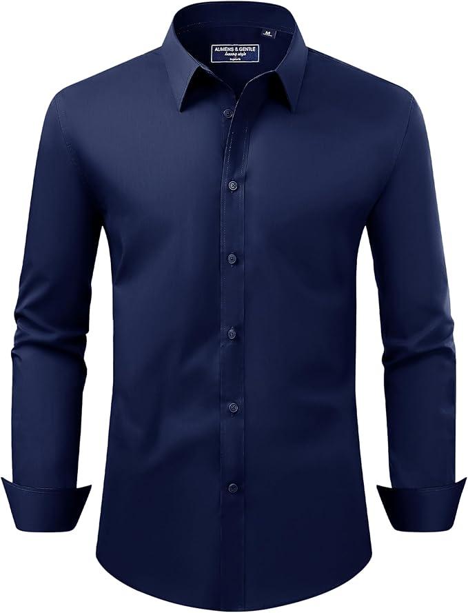Alimens & Gentle Men's Dress Shirt Regular Fit Stretch Stain Shield Long Sleeve Solid Business Wedding Button Down Shirts, L