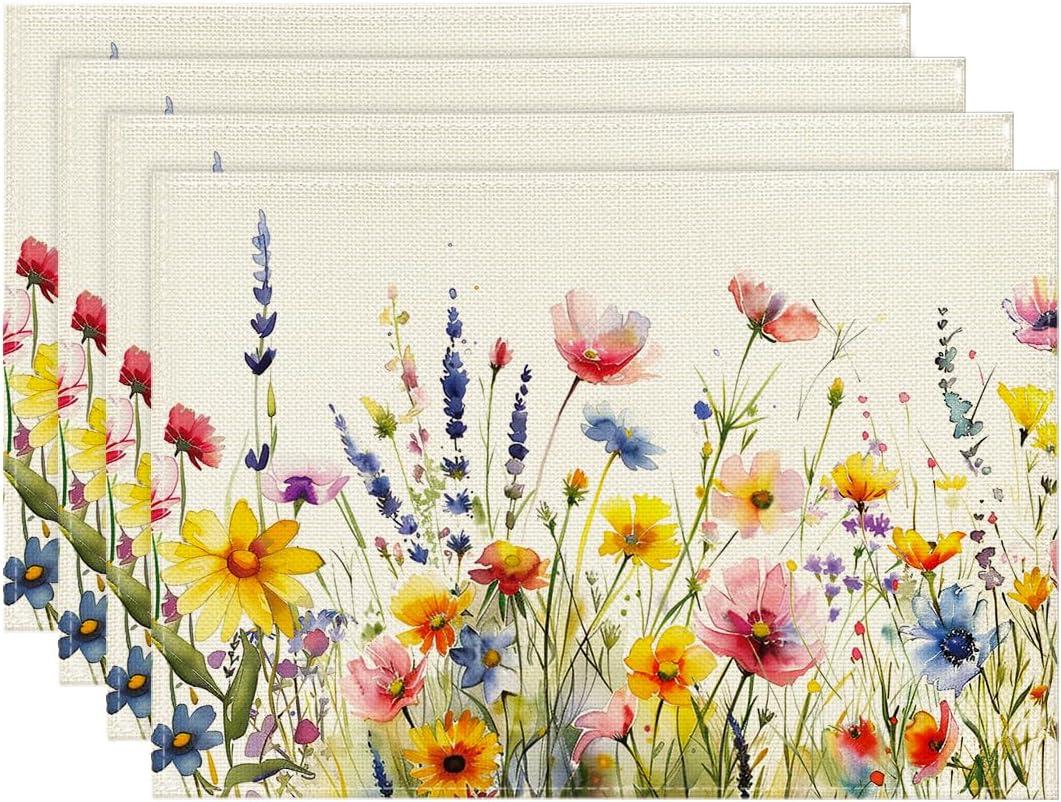Artoid Mode Daisy Lavender Floral Leaves Spring Placemats Set of 4,12x18 Inch Seasonal Spring Table Mats for Party Kitchen Dining Decoration (Beige)