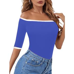 LilyCoco Womens Off The Shoulder Tops Half Sleeve Boatneck Tee Plain Fitted T Shirt White X-Large (Blue, XL)
