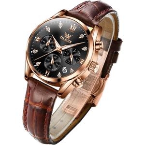 OLEVS Women's Watches Brown Leather Strap Analog Quartz Rose Gold Female Watches Multifunction Chronograph Diamond Waterproof Luminous Ladies