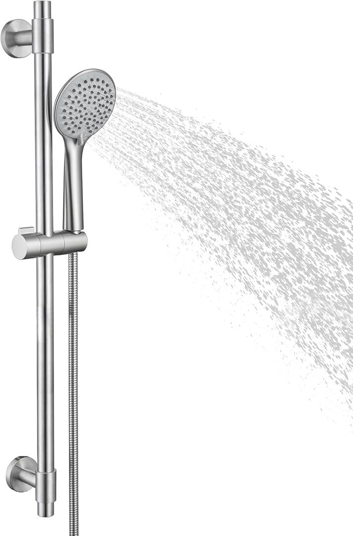 Adjustable Shower Slide Bar with 5-Function Handheld Shower Head, Stainless Steel Grab Slide Bar Combo with Extra Hose (Brushed Nickel)
