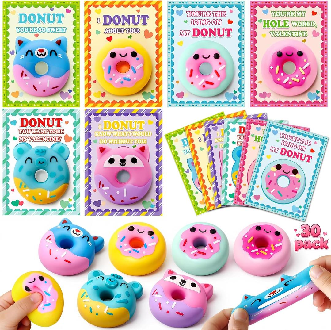3 x 30 Pcs Kids Valentines Day Cards with Stretchy Donut Toys, Valentines Day Gifts for Kids Classroom, Squeeze Toy for Kid Valentines Gifts Exchange, Kid Valentines Party Favors Supply for Boys Girls