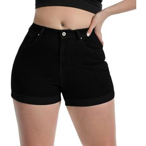Romastory Women's High Waisted Summer Elastic Jean Shorts Folded Hem Hot Denim Shorts for Women (Large, Black)