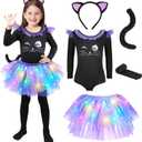 GIFTINBOX Cat Costume for Girls, Light Up Black Cat Costume, Halloween Animal Dress Up Costumes for Kids Age 3-8 (M(5-6y))