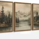 Framed Mountain Landscape Wall Art Canvas Print Vintage Forest Lake Nature Painting Picture Ready to Hang Living Room Bedroom Office Decor 12x16 Inches