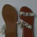 OYOANGLE Women's Pearl Decor Clear Double Strap Open Toe Slide Sandals Dressy Summer Slip on Flat Sandals (39, Brown)