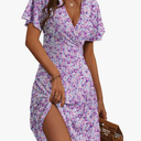 FENSACE Womens Sundress Summer Floral Short Sleeve Wrap V Neck A-Line Midi Dress, Small