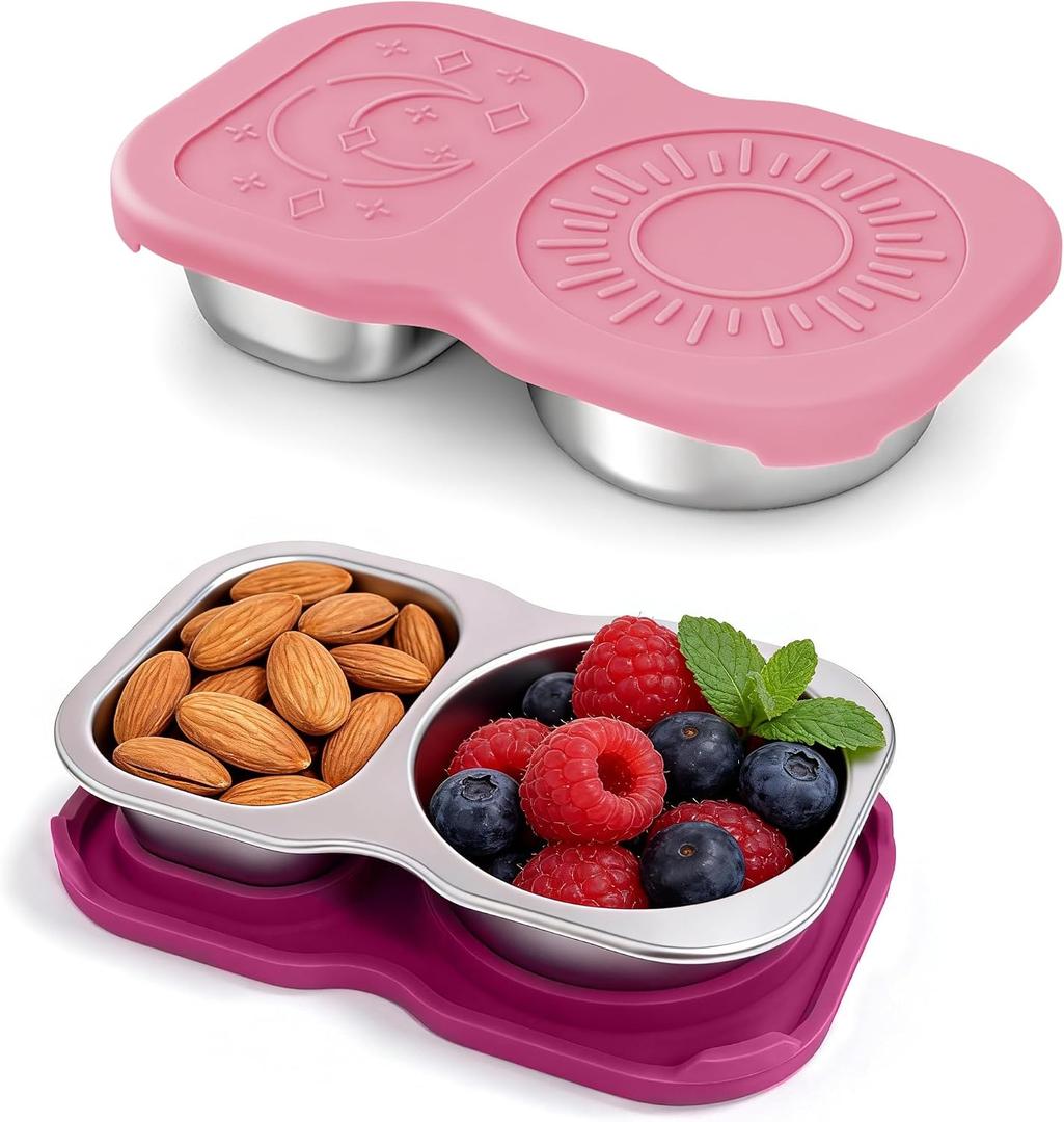 QCQHDU Snack Containers, 2-Compartment Small Stainless Steel Reusable Snack Boxes for Portion Control, Meal Prep Lunch Food Sauce Storage Lunchable Accessories Salad Dressing Containers to Go, 2 Pack