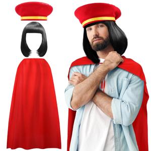 3 Pcs Halloween Cosplay Costume Red Color Velvet Renaissance Hat Cosplay Bob Wig with Bangs & Cloak for Halloween Carnival Fancy Dress