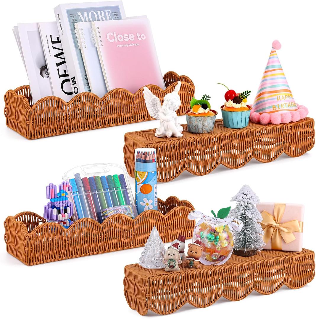 4 Set Scalloped Wall Basket Shelf Nursery Classroom Book Shelves for Wall Rattan Shelf Woven Floating Shelves Boho Farmhouse Decor Scalloped Shelves Book Display Toy Storage